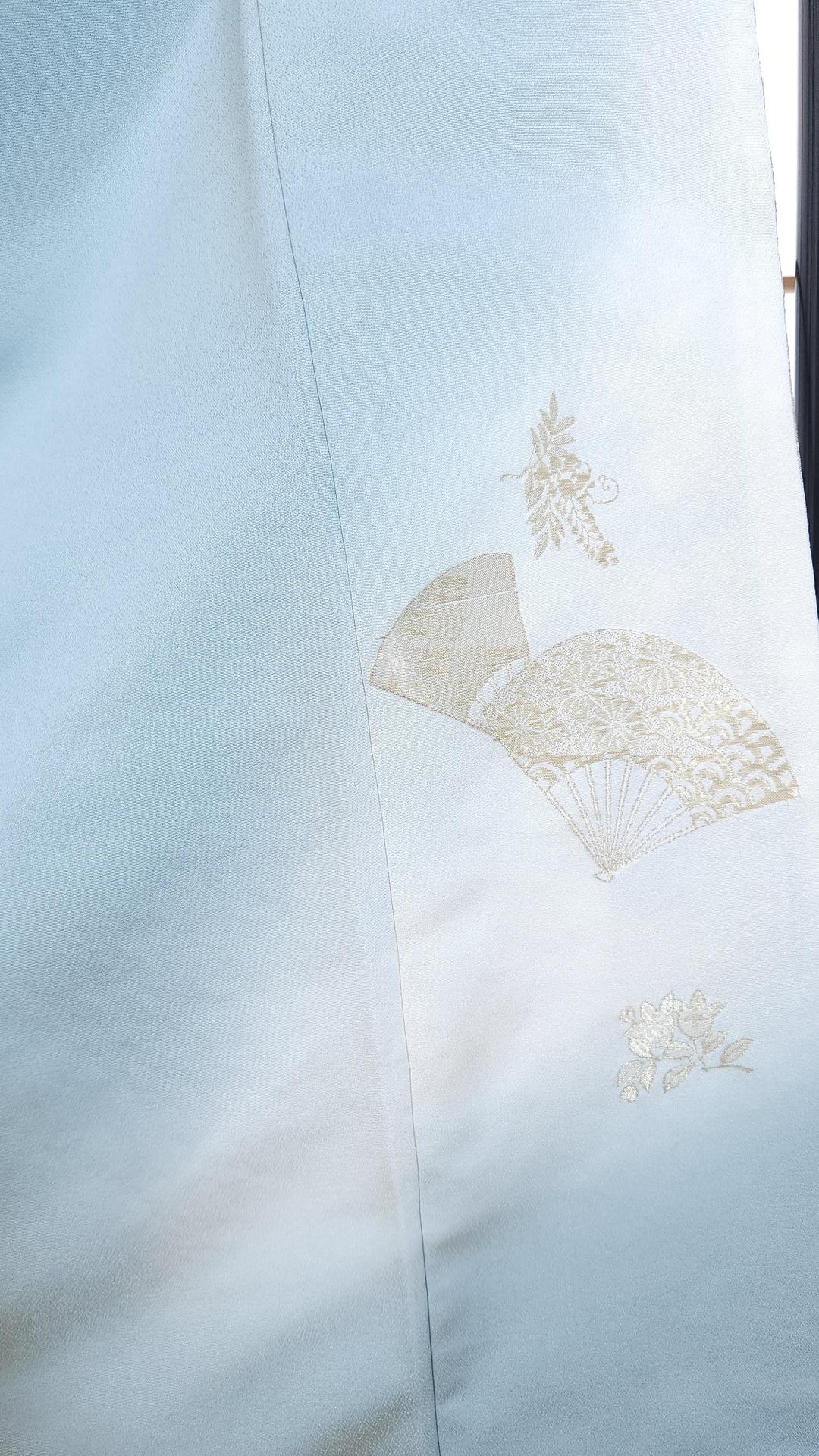 Light blue-grey Tomesode with golden fans