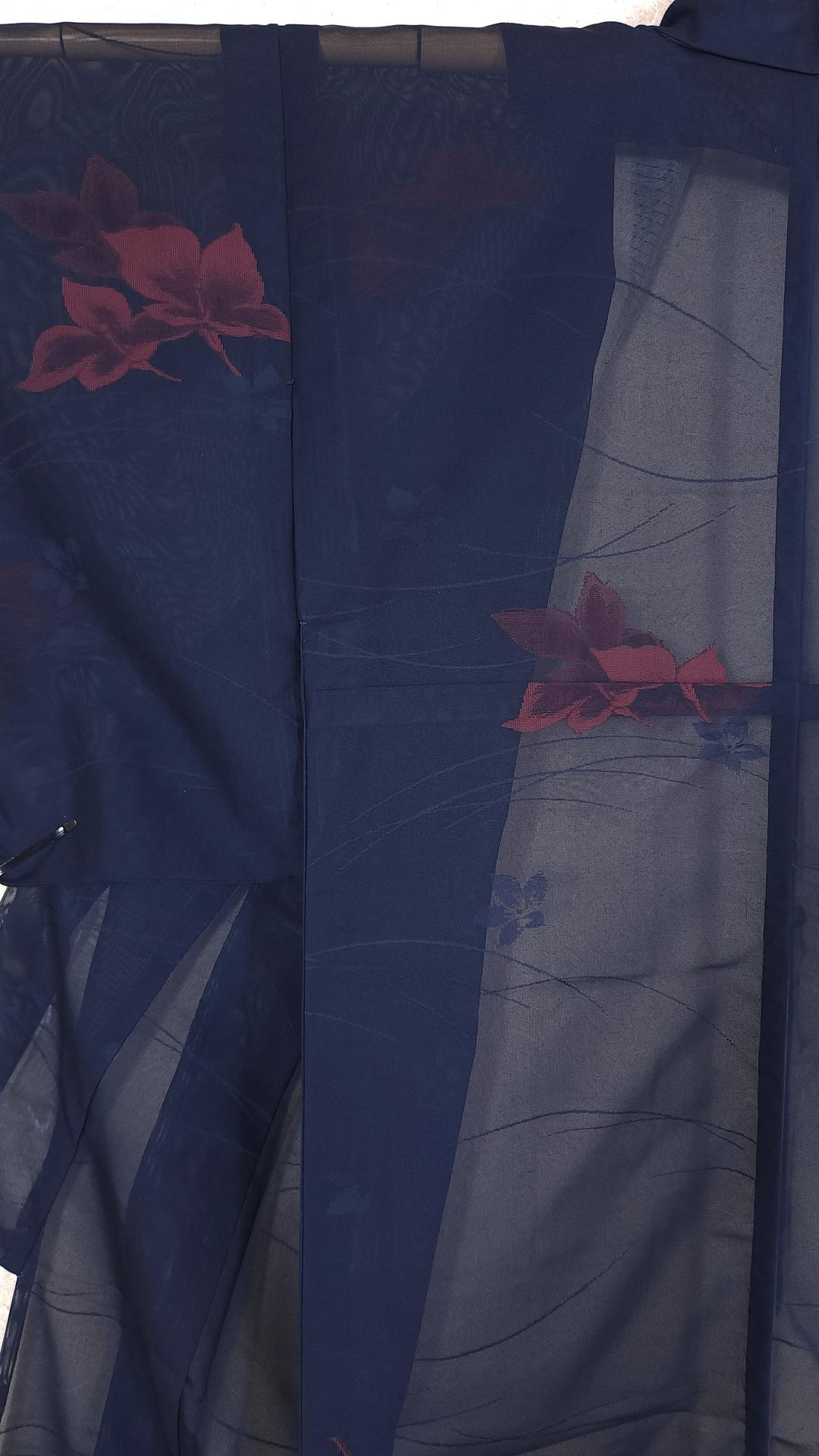 Lightweight summer Kimono navy blue with flowers pattern