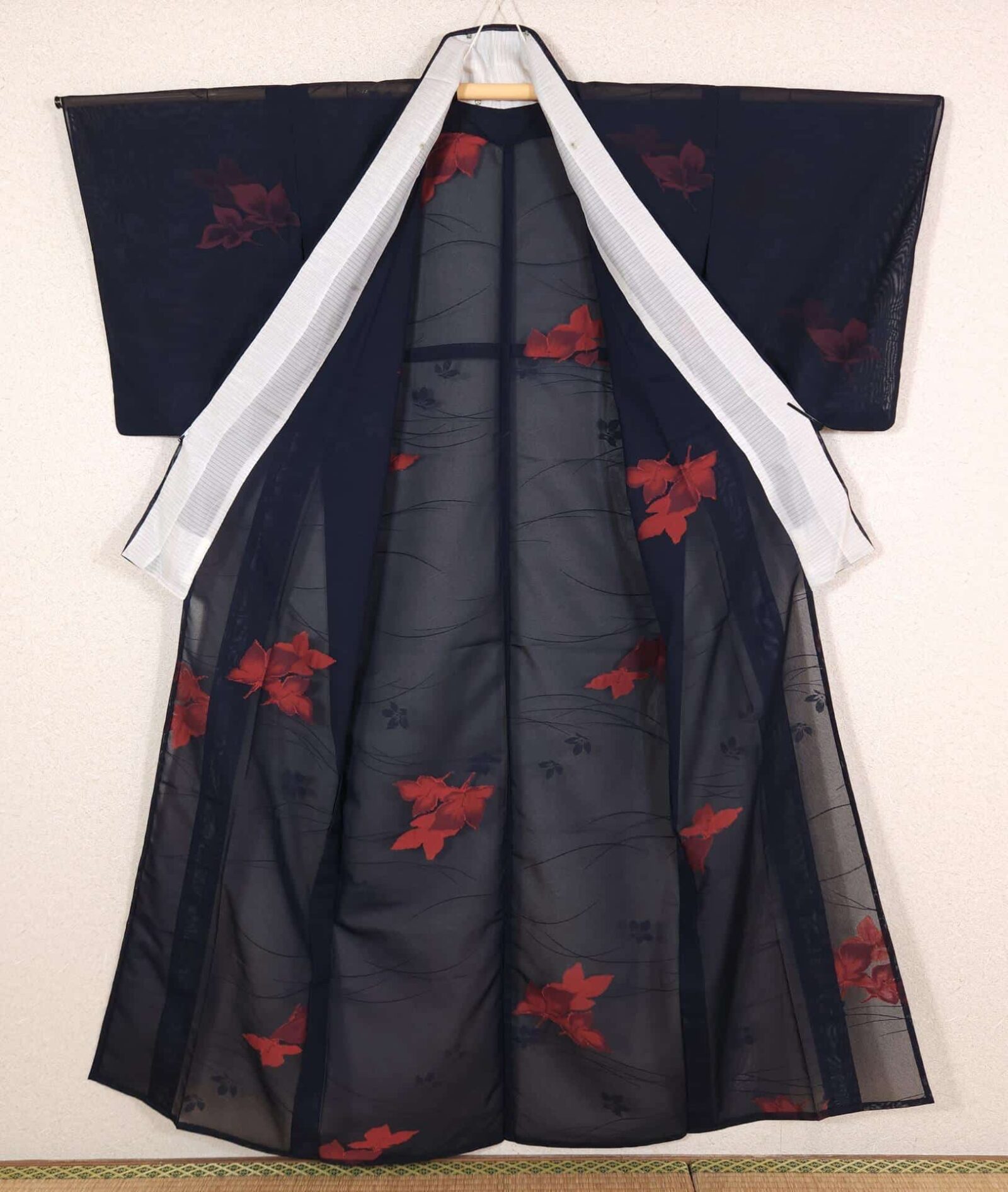 Lightweight summer Kimono navy blue with flowers pattern