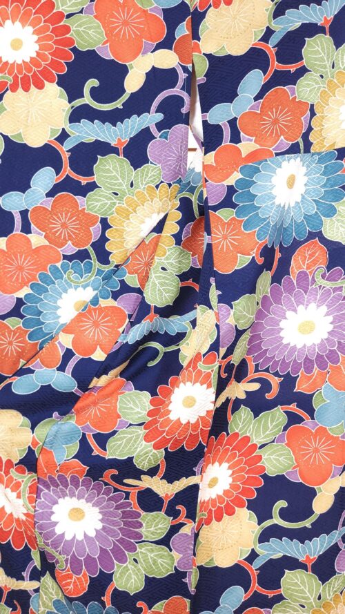 Navy blue Chū Furisode with colorful Kiku
