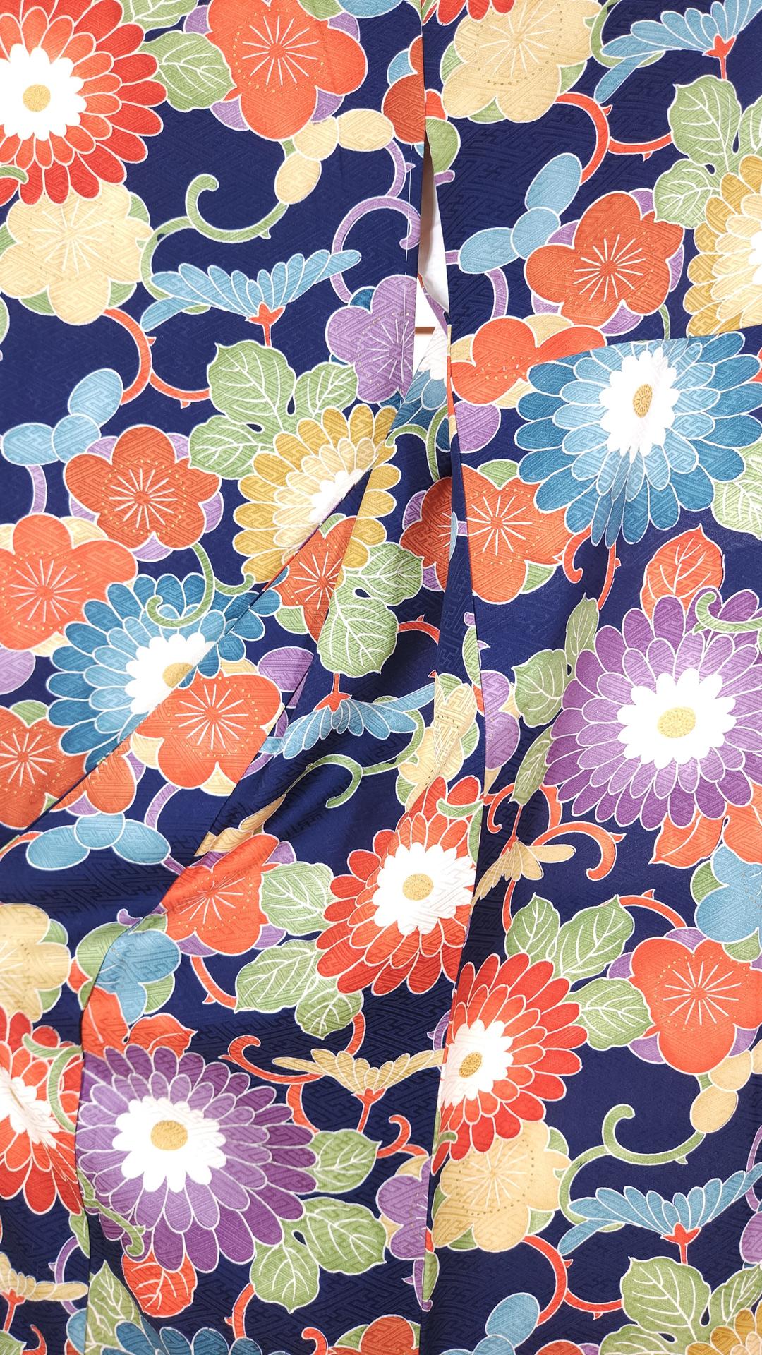 Navy blue Chū Furisode with colorful Kiku