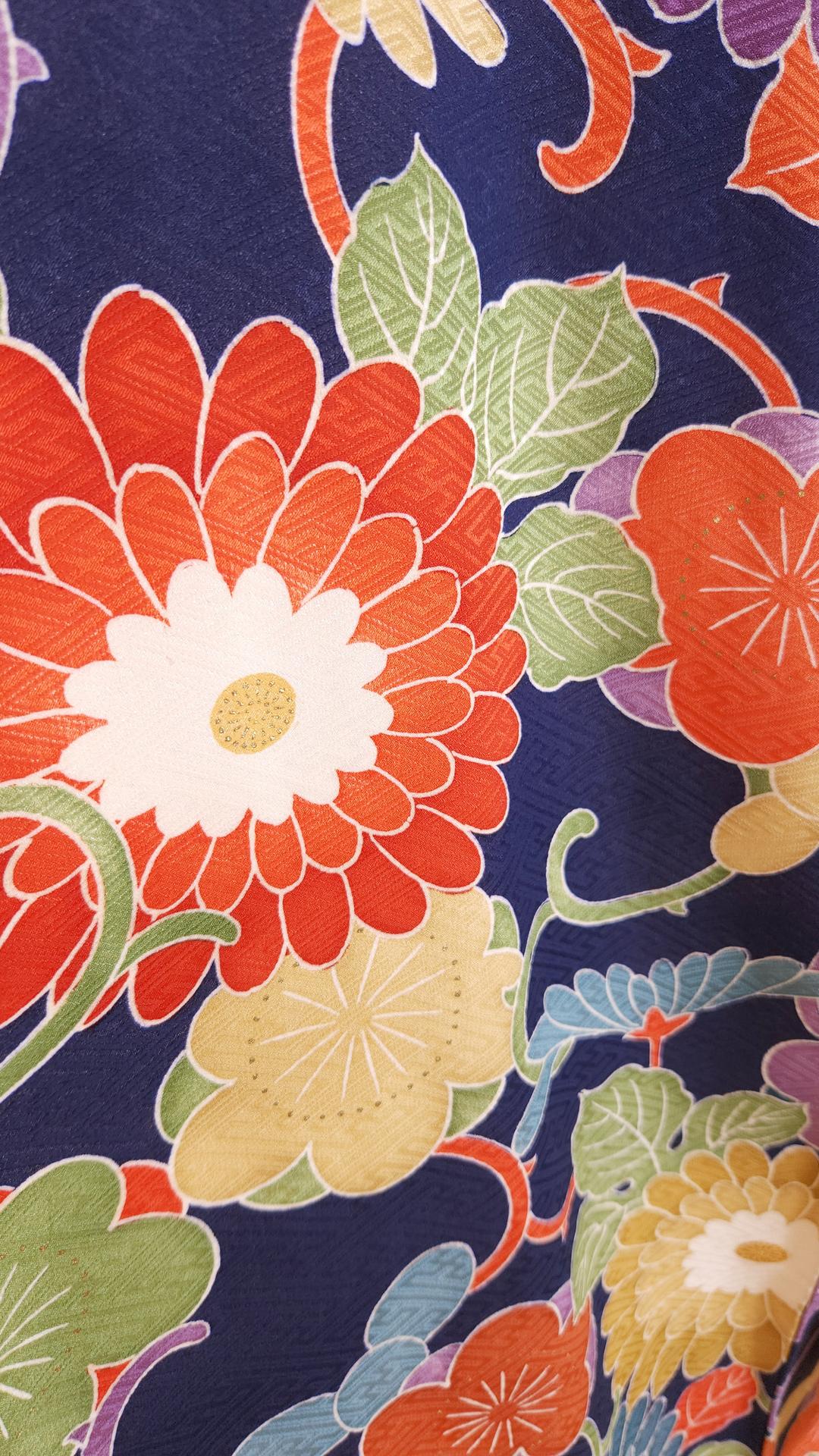 Navy blue Chū Furisode with colorful Kiku