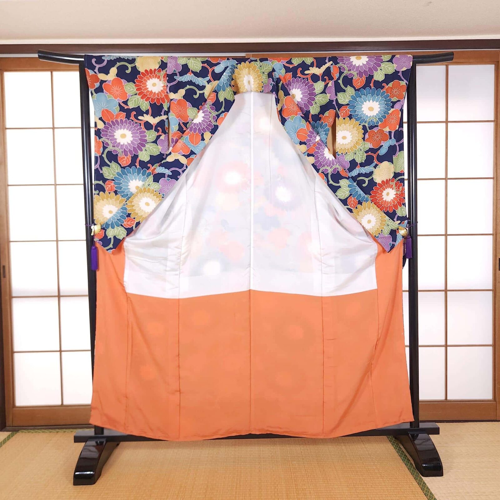Navy blue Chū Furisode with colorful Kiku