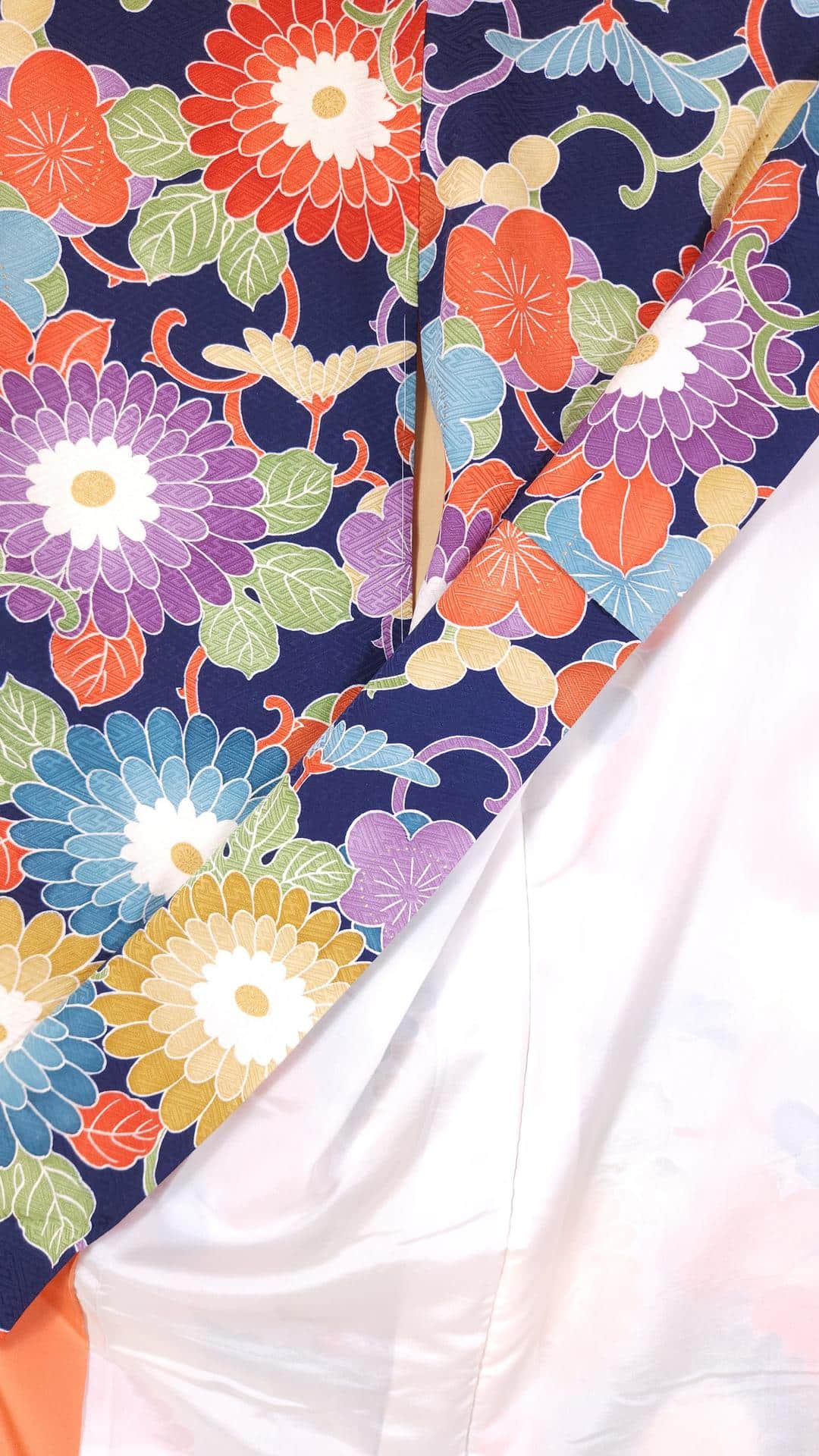 Navy blue Chū Furisode with colorful Kiku