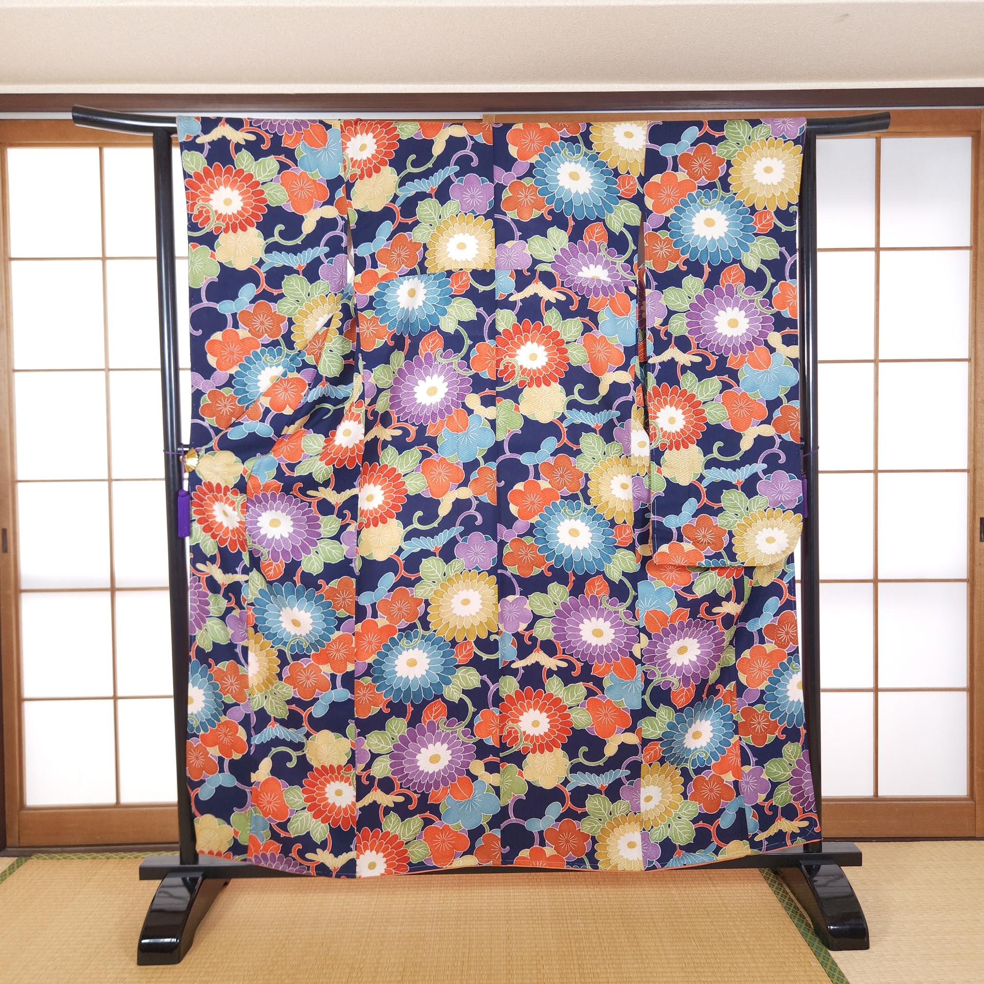Navy blue Chū Furisode with colorful Kiku