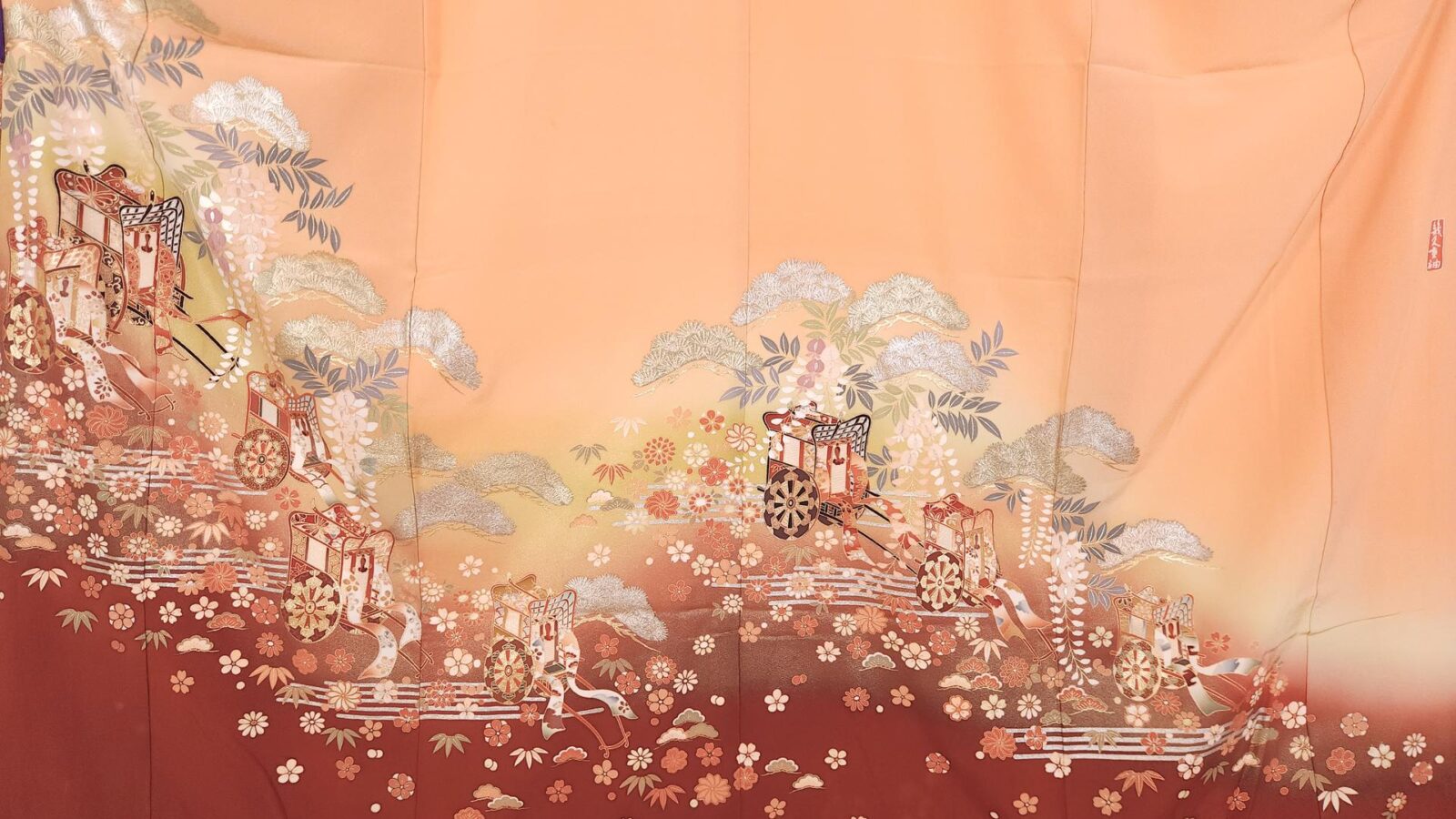 Peach Ō-Furisode with golden carts