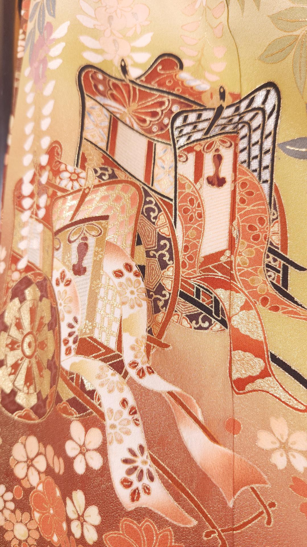 Peach Ō-Furisode with golden carts