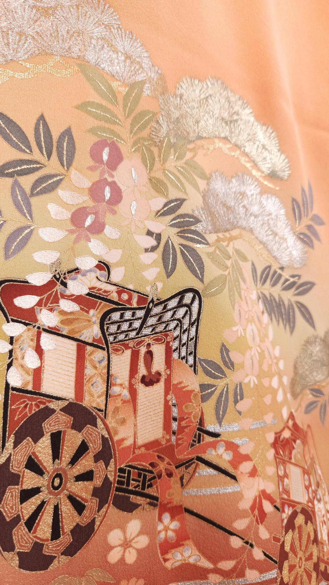 Peach Ō-Furisode with golden carts