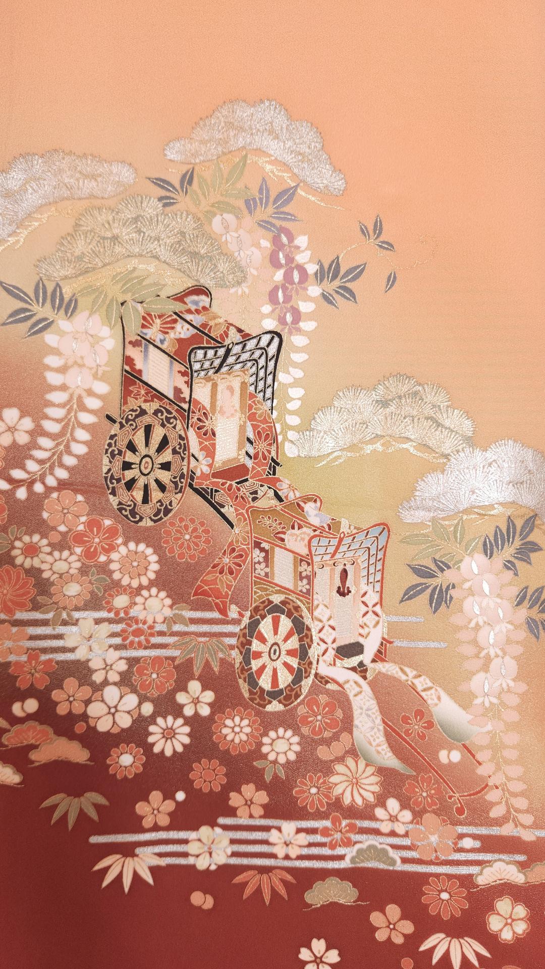 Peach Ō-Furisode with golden carts