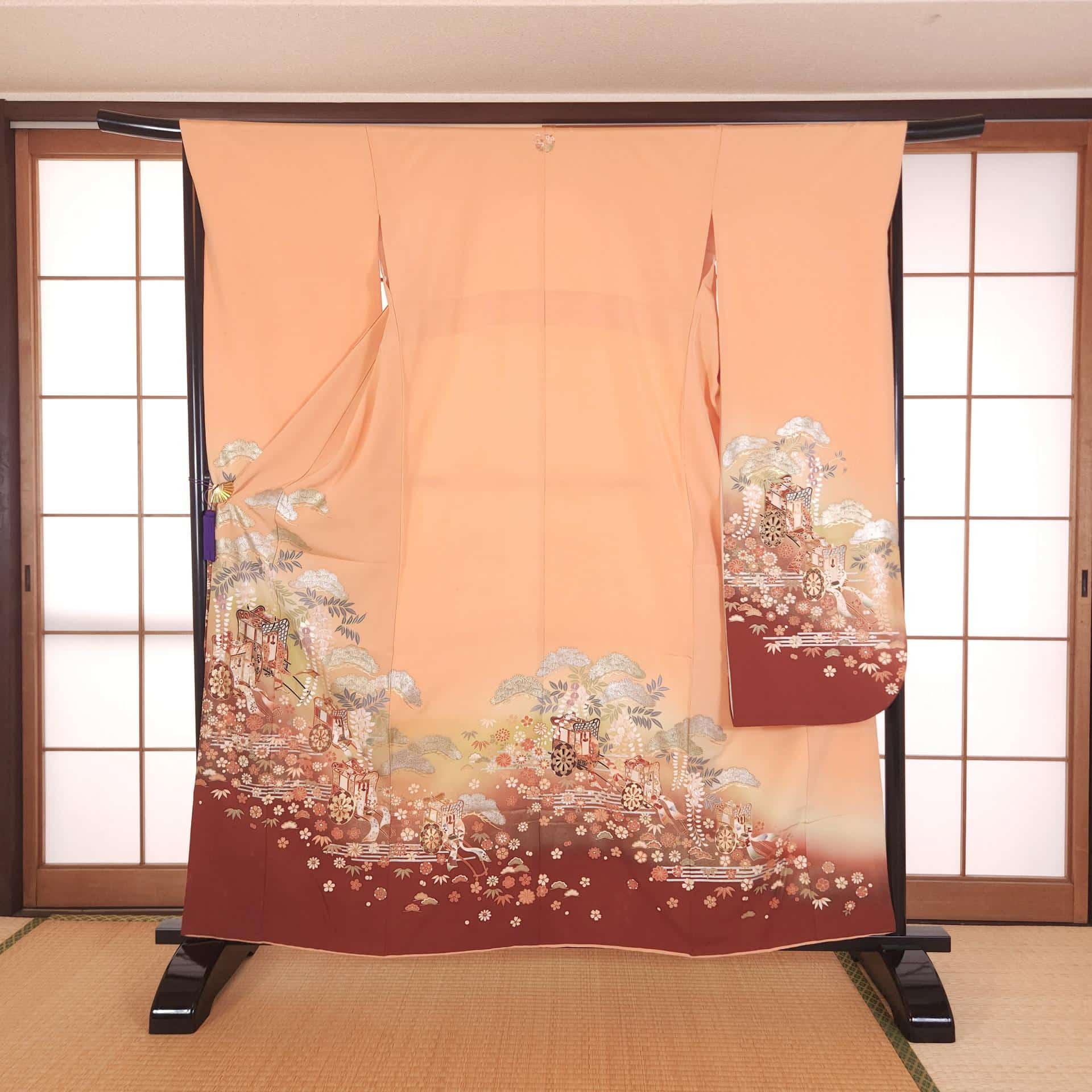 Peach Ō-Furisode with golden carts