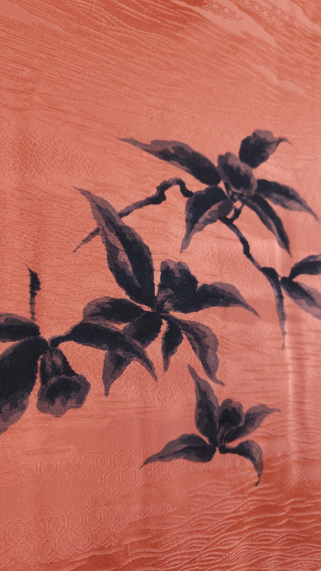 Brick-orange brocade Haori decorated black leaves