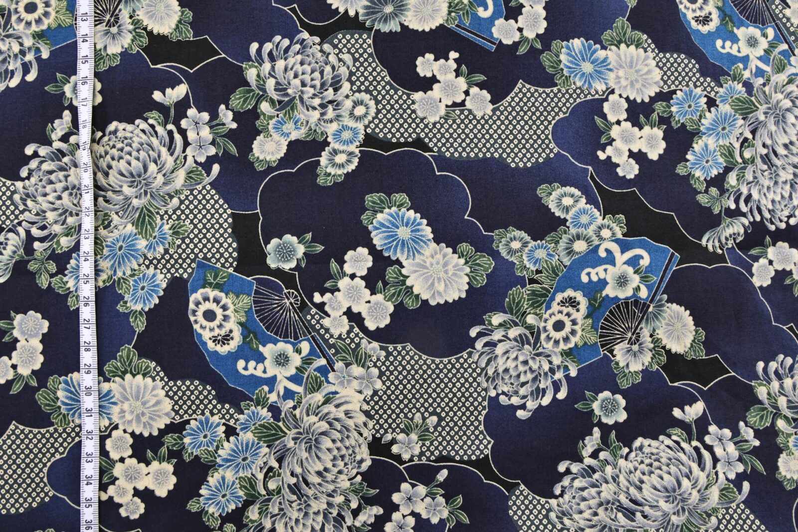 Japanese fabric flowers and clouds navy blue