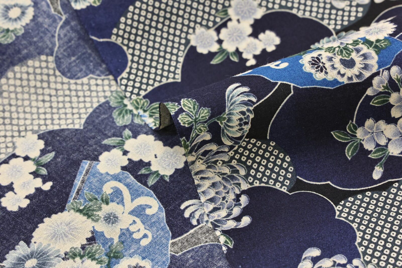 Japanese fabric flowers and clouds navy blue