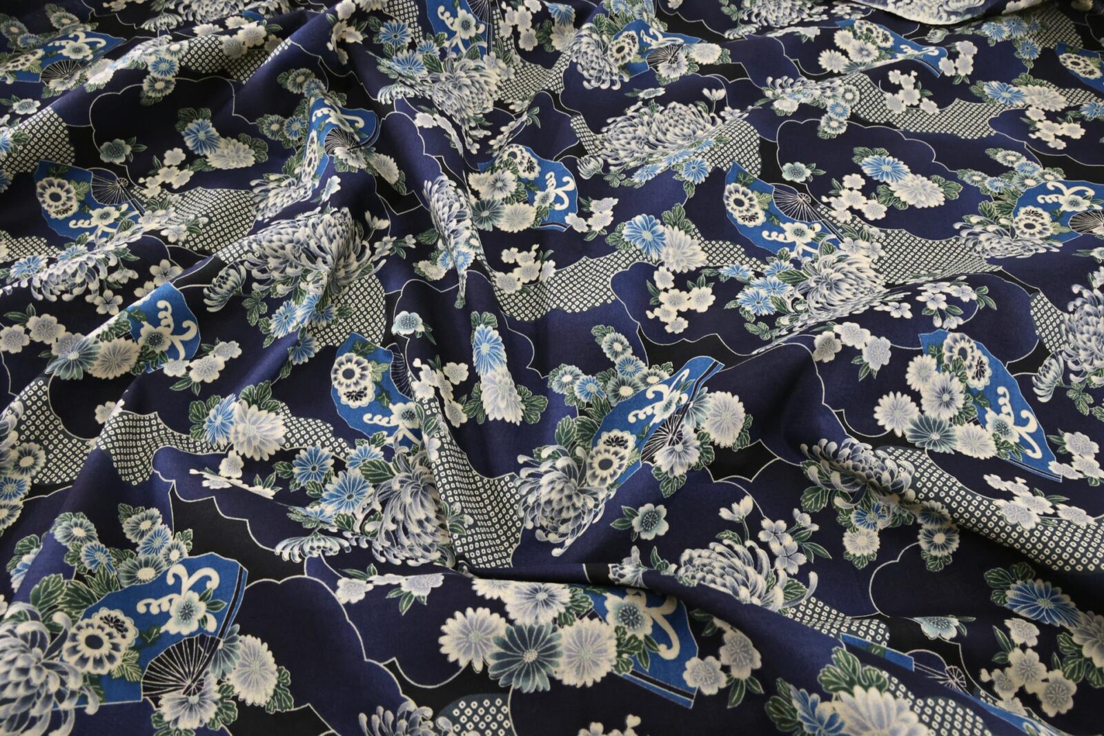 Japanese fabric flowers and clouds navy blue