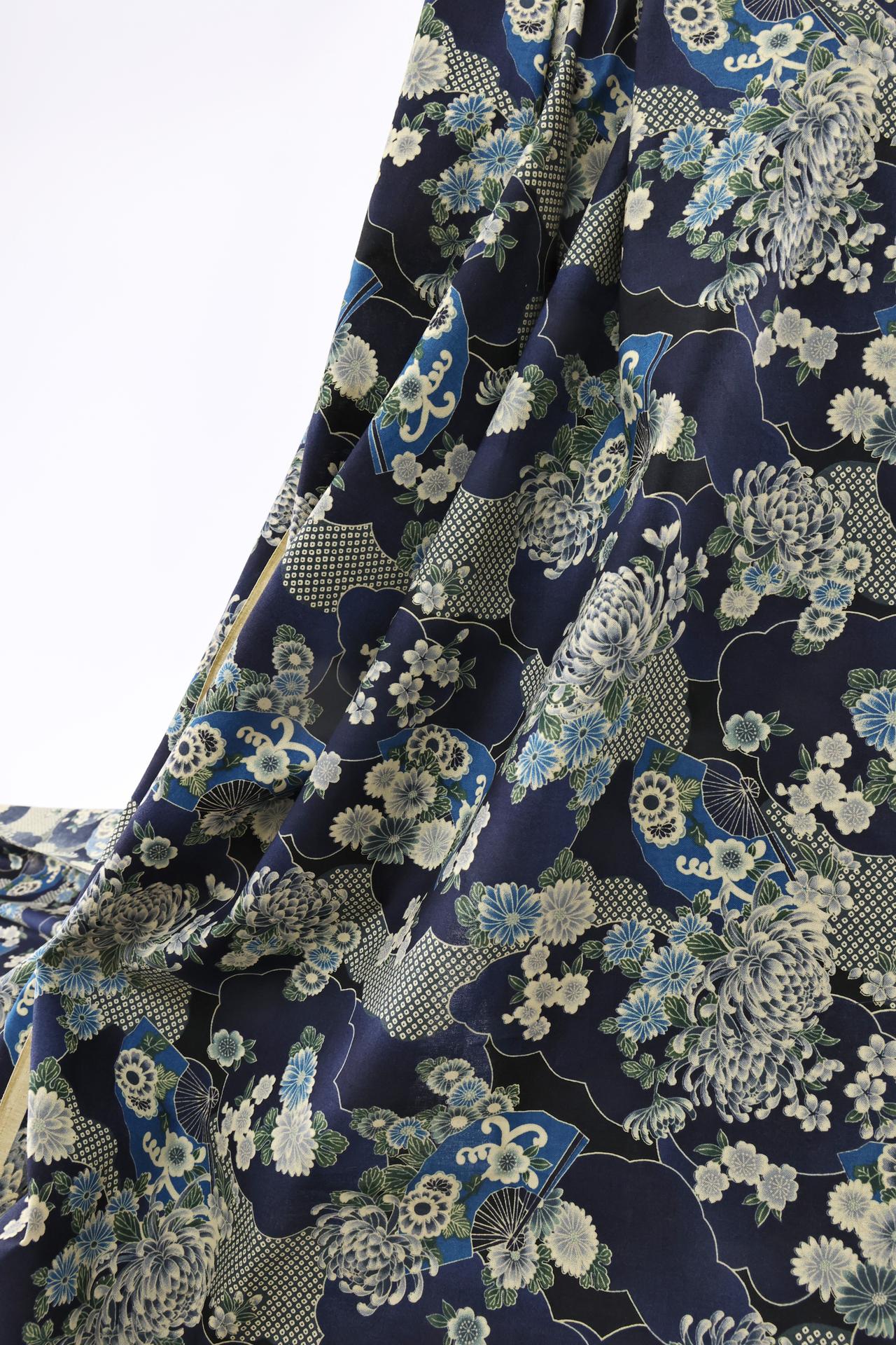 Japanese fabric flowers and clouds navy blue
