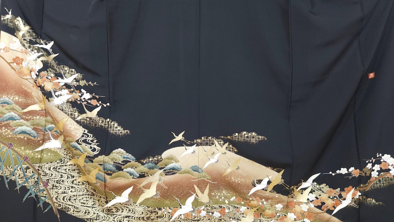 Kuro Tomesode with cranes, pines and golden Ume