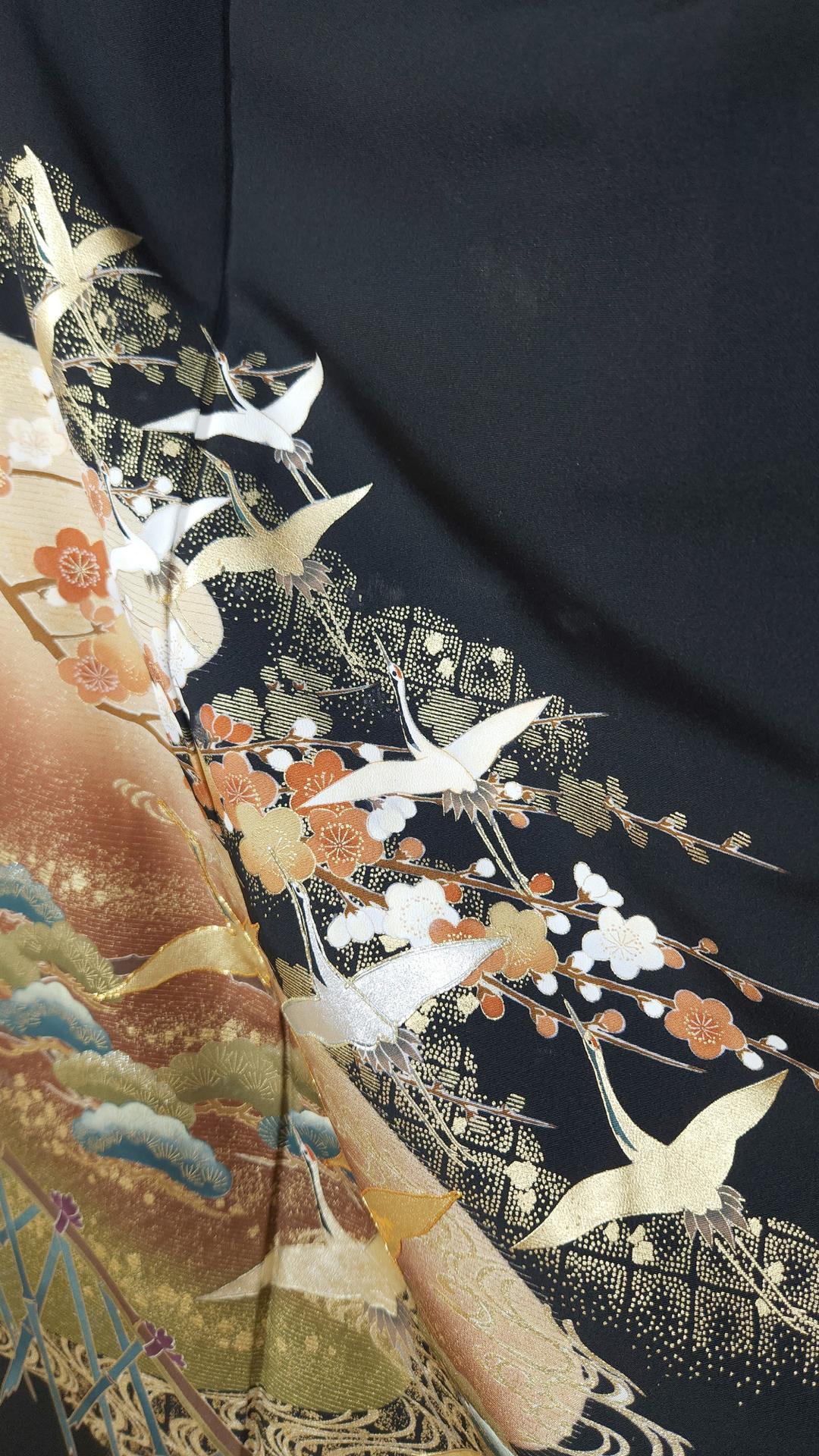 Kuro Tomesode with cranes, pines and golden Ume