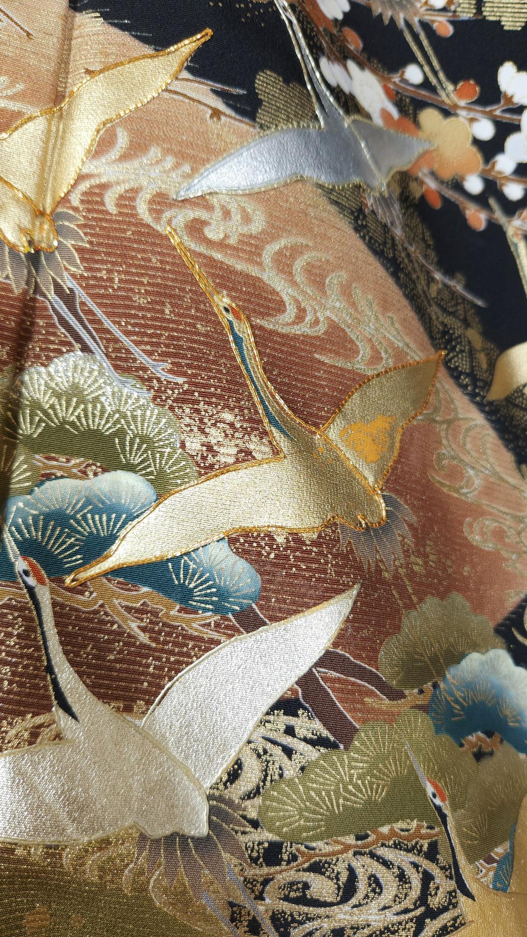 Kuro Tomesode with cranes, pines and golden Ume