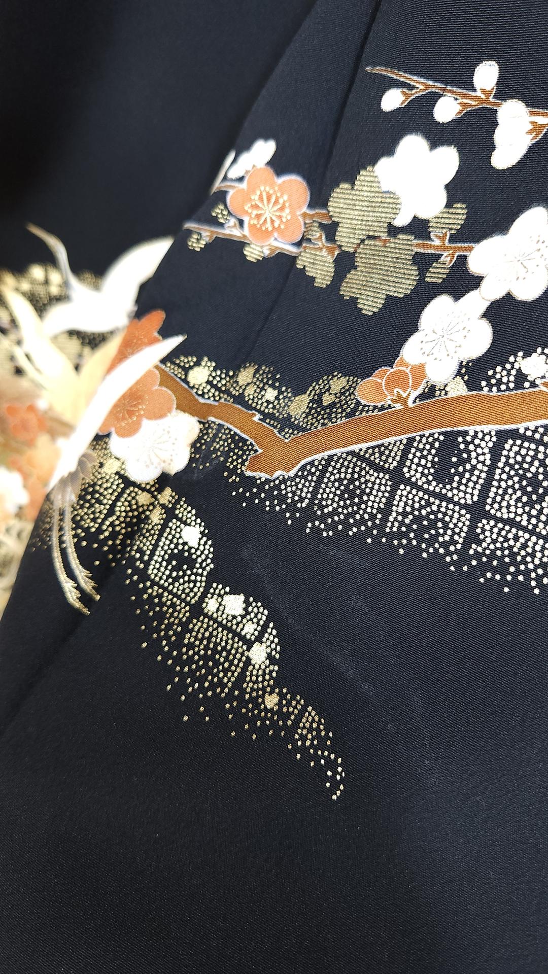Kuro Tomesode with cranes, pines and golden Ume