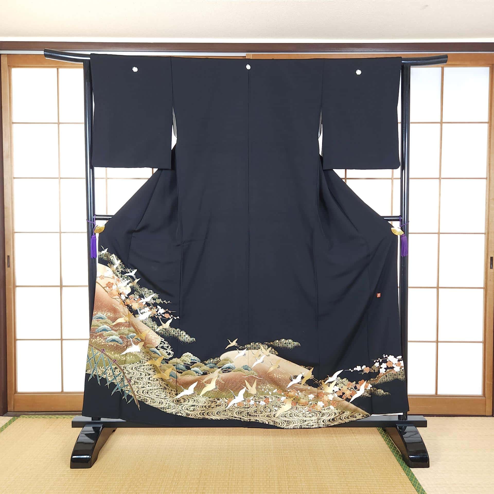 Kuro Tomesode with cranes, pines and golden Ume