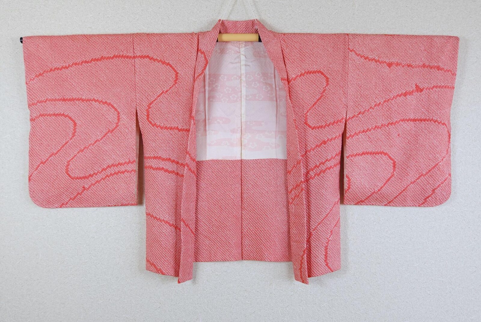 Orange-red Shibori Haori with Kawa motif