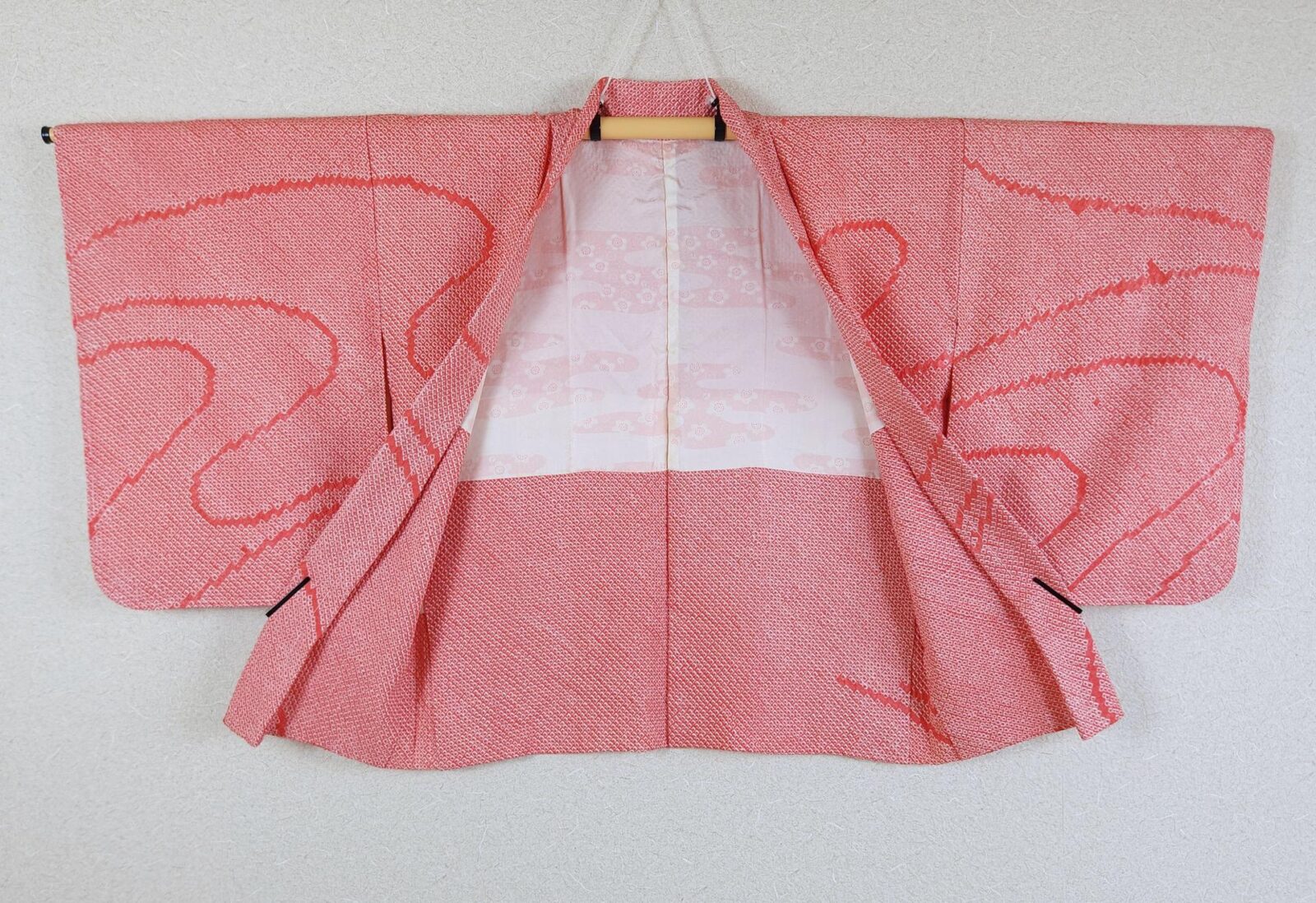Orange-red Shibori Haori with Kawa motif