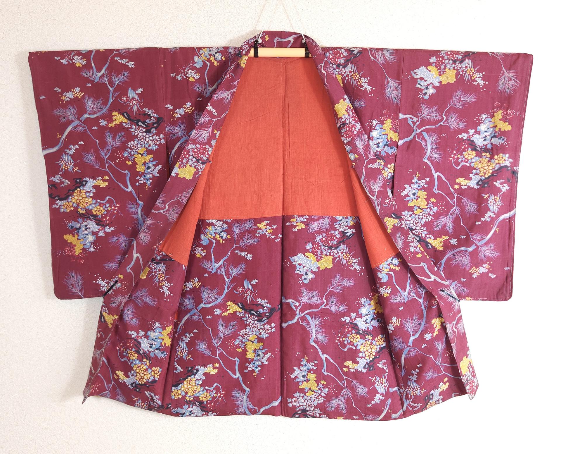 Antique raspberry haori with pine flowers