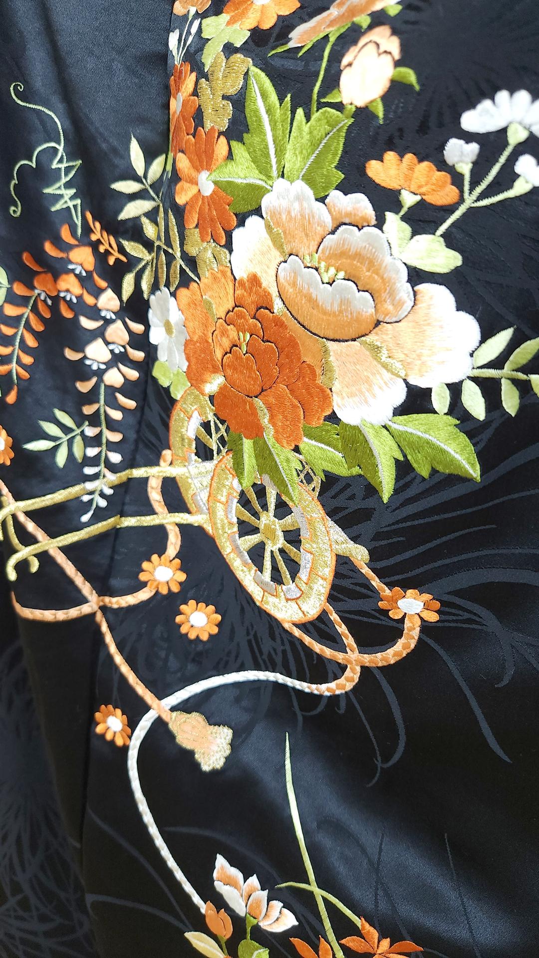 Black Chū-Furisode with floral embroidery