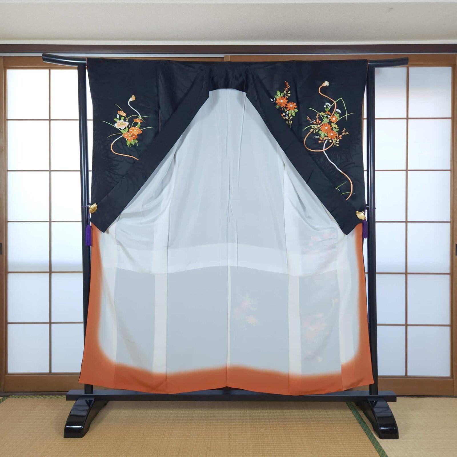 Black Chū-Furisode with floral embroidery