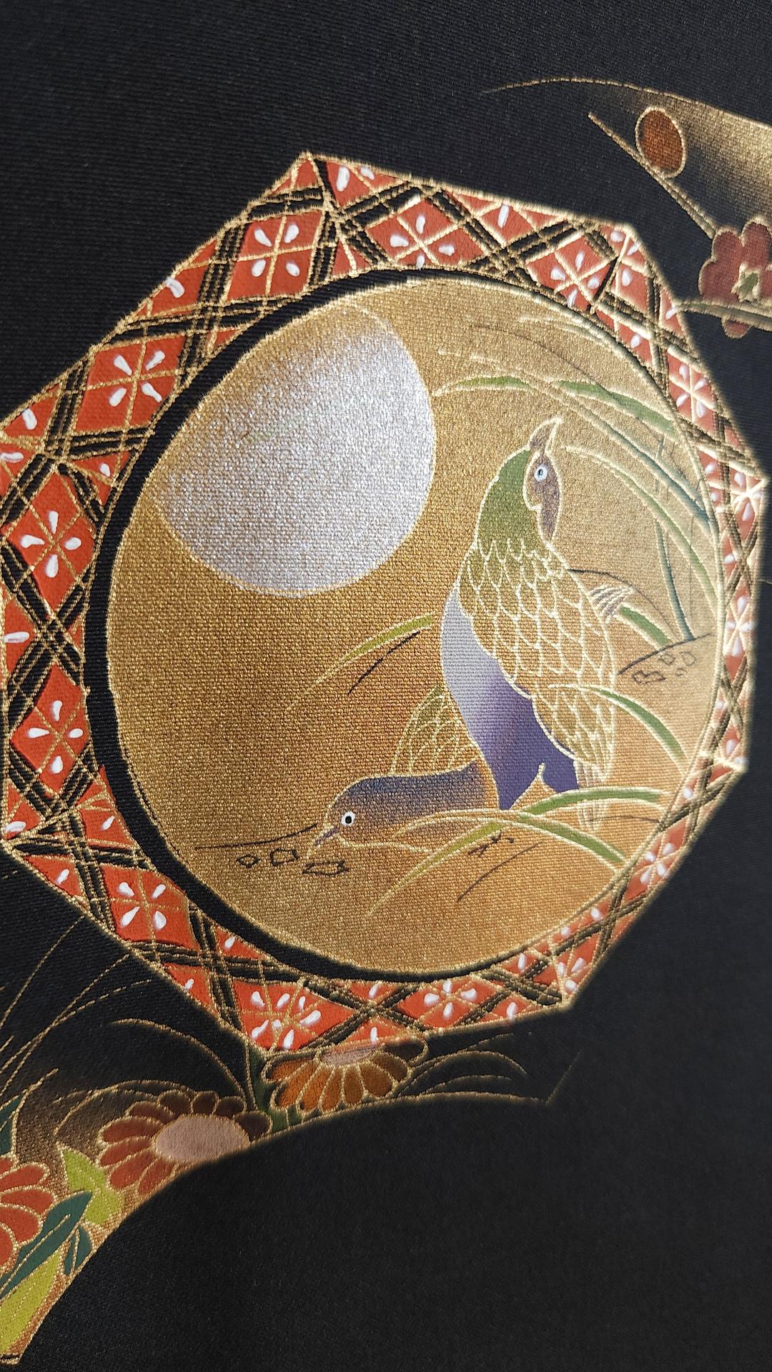 Black Haori with fans and birds