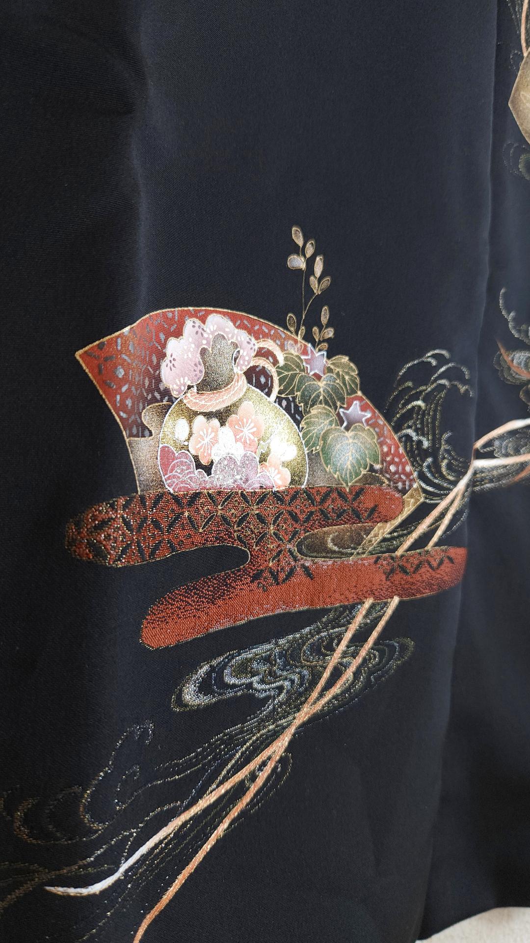 Black Yuzen Haori adorned with floral fans