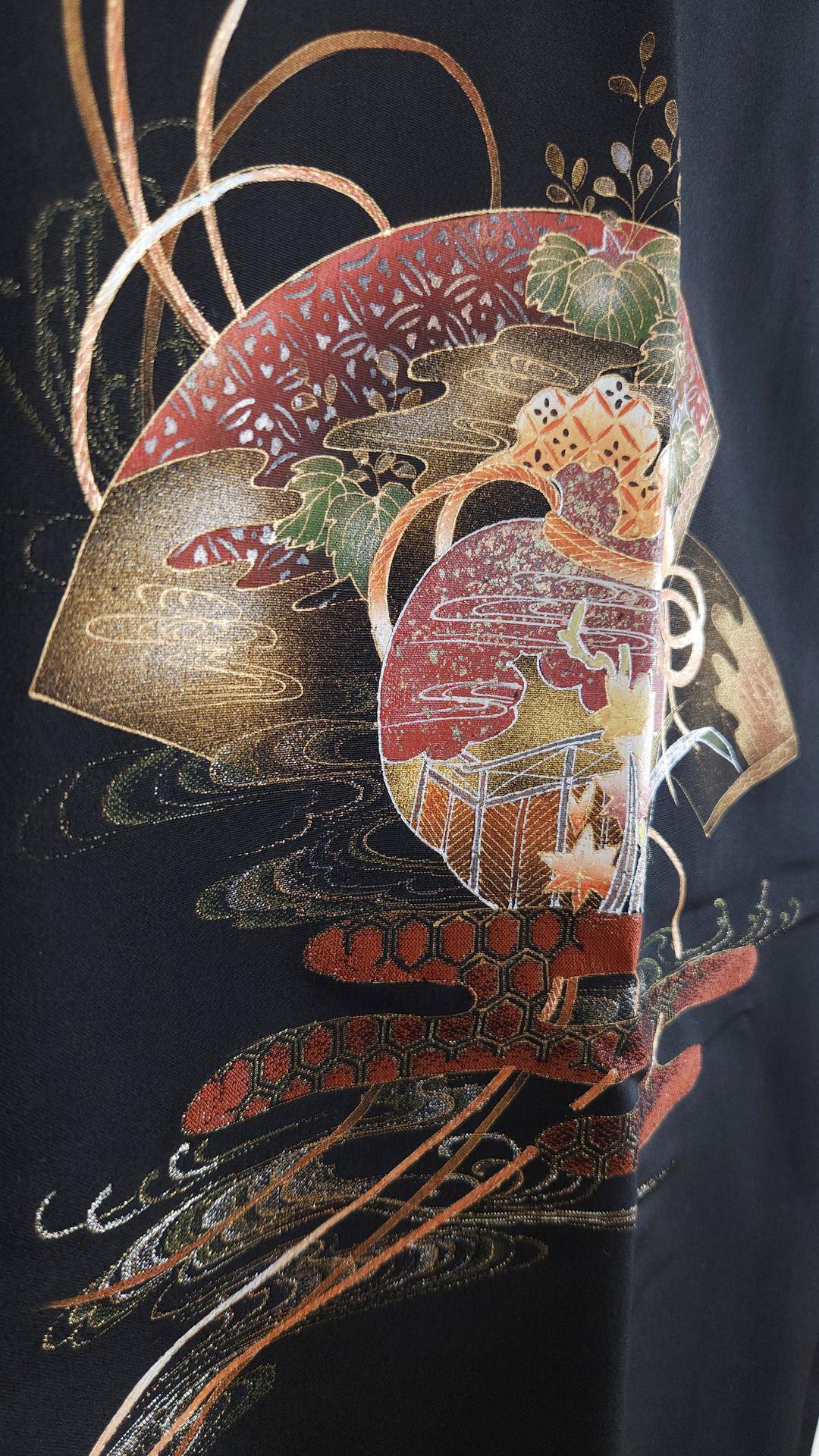 Black Yuzen Haori adorned with floral fans