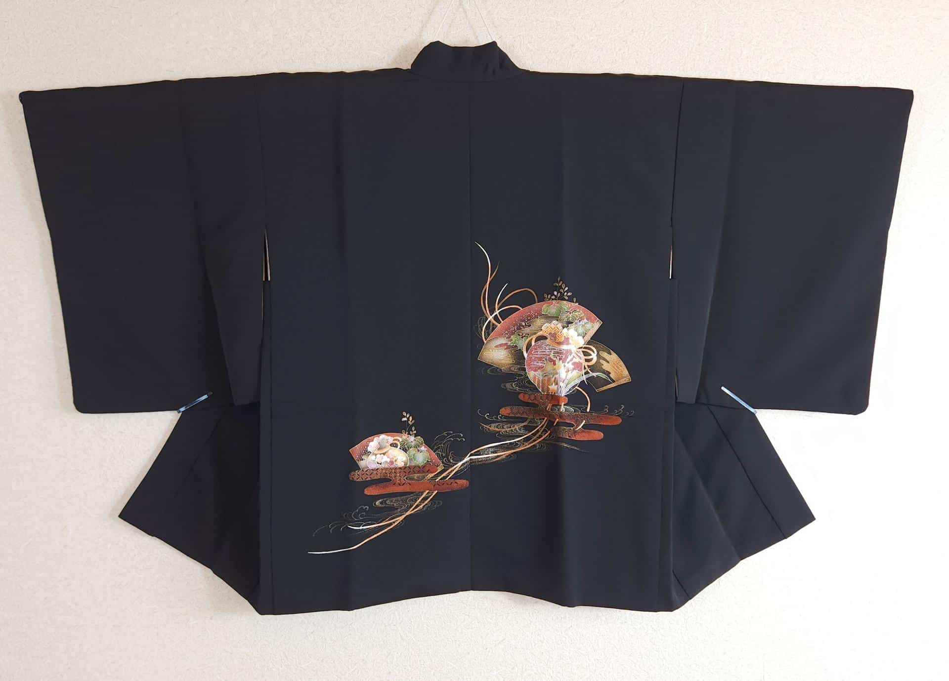 Black Yuzen Haori adorned with floral fans