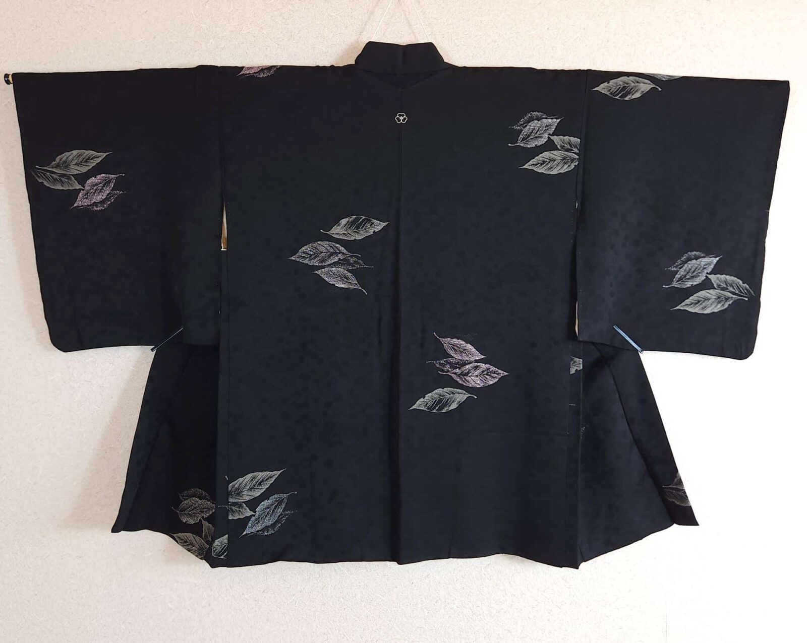 Black brocade Haori with silver leaves