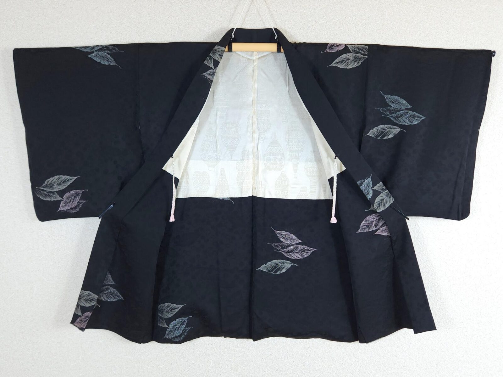 Black brocade Haori with silver leaves