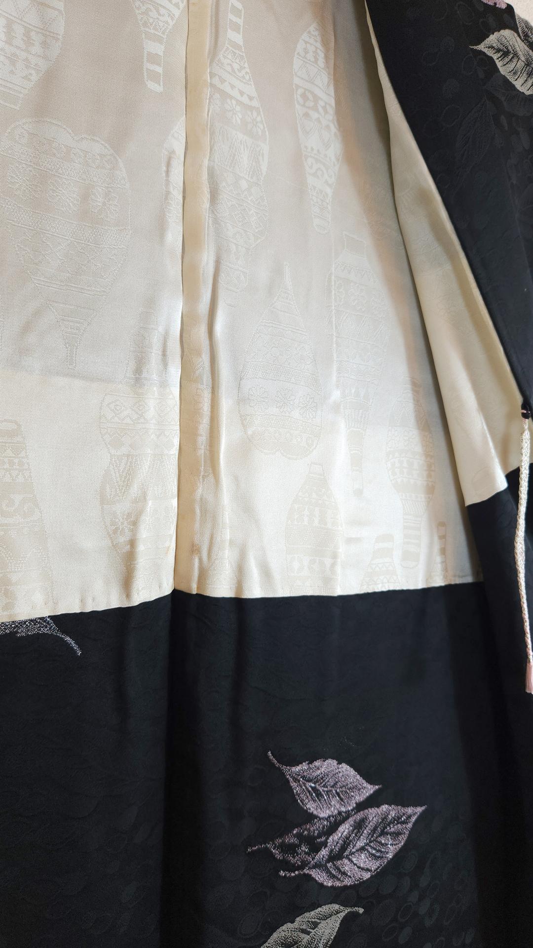 Black brocade Haori with silver leaves