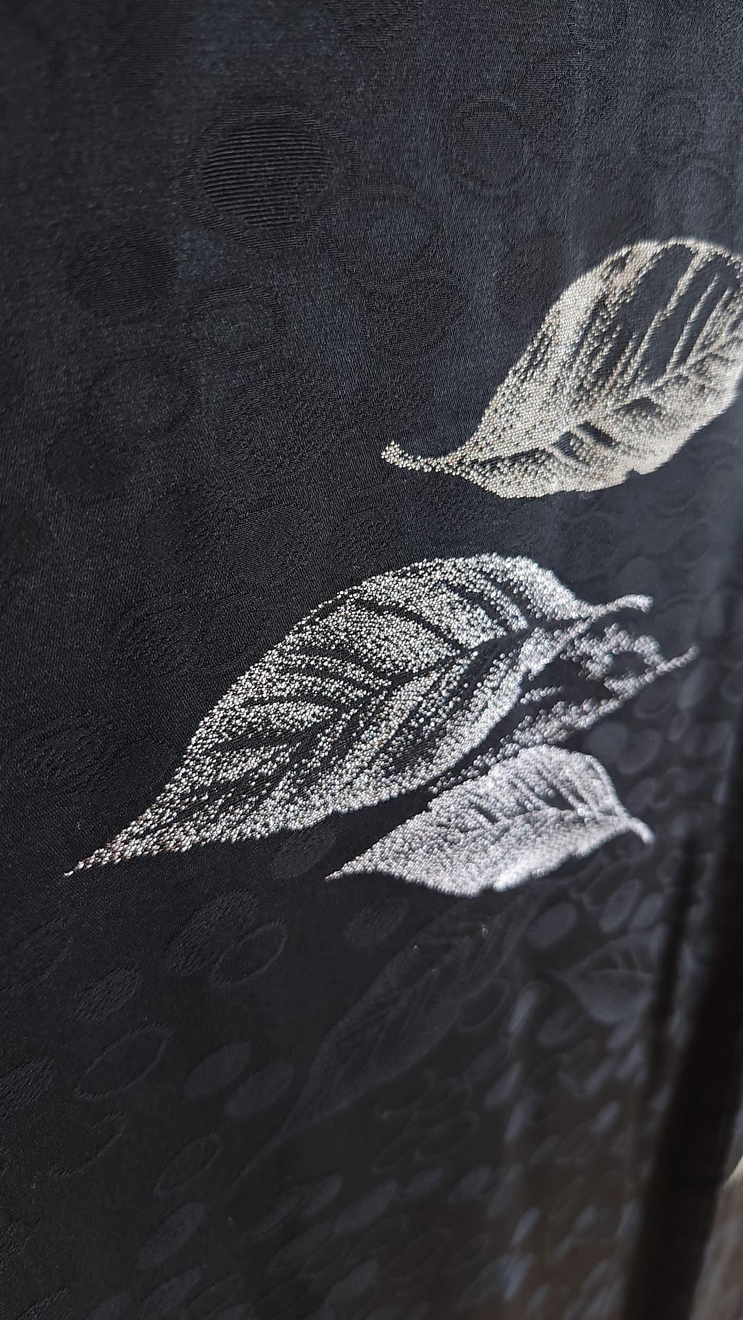 Black brocade Haori with silver leaves