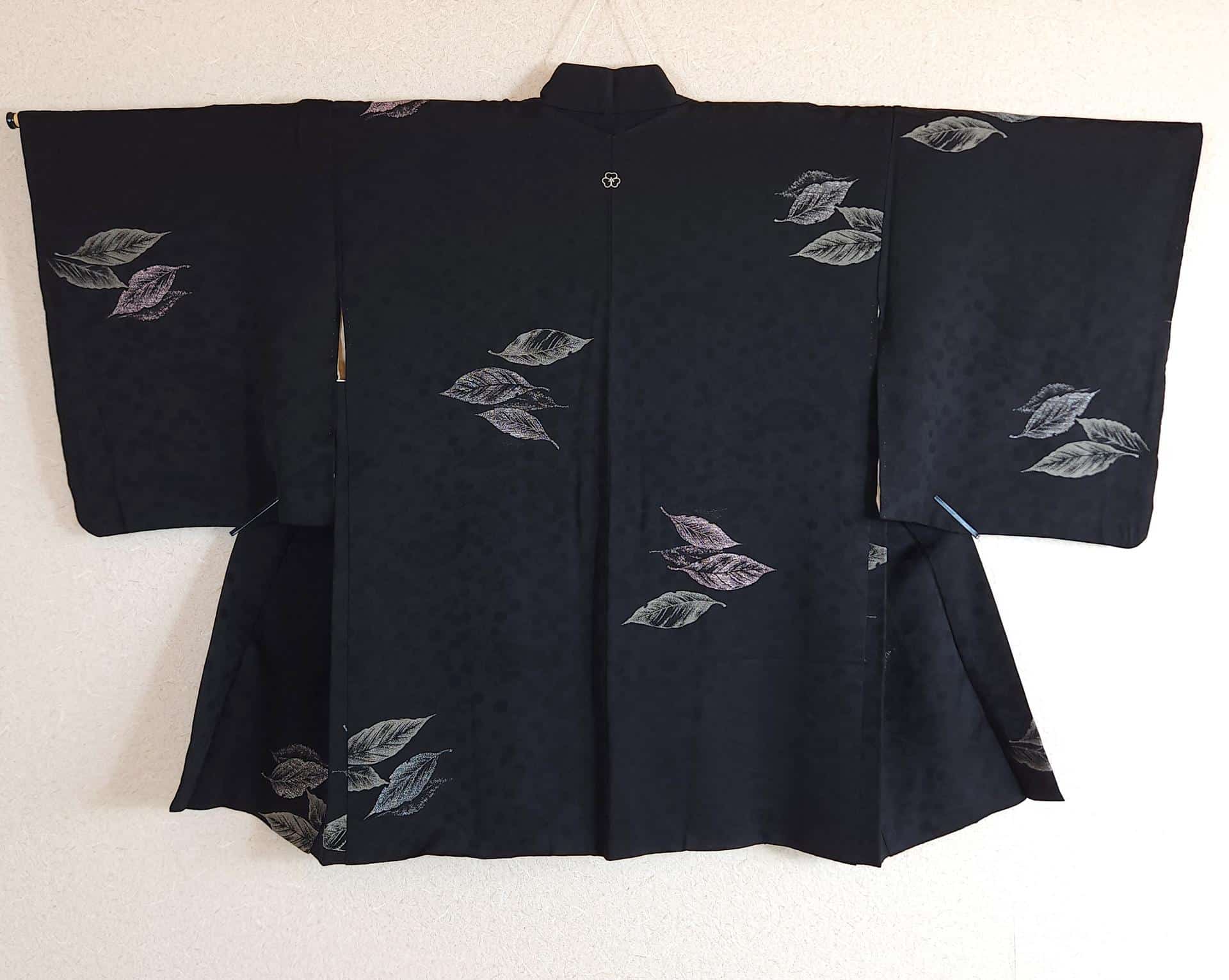 Black brocade Haori with silver leaves