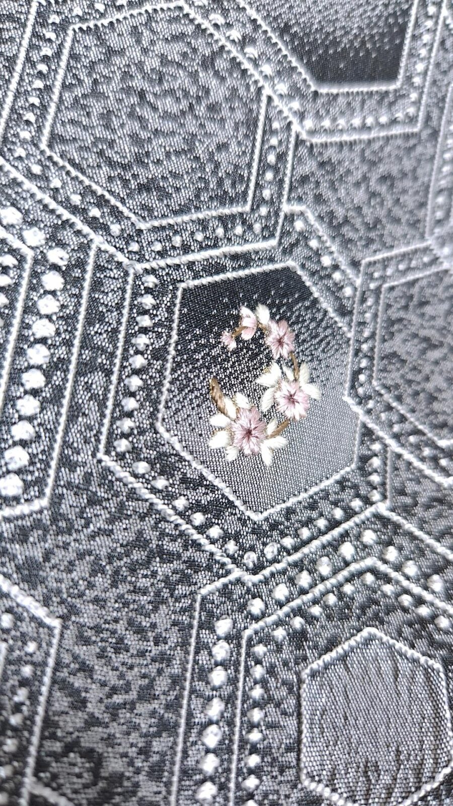 Black grey Komon Kimono kikkō pattern and embroidery