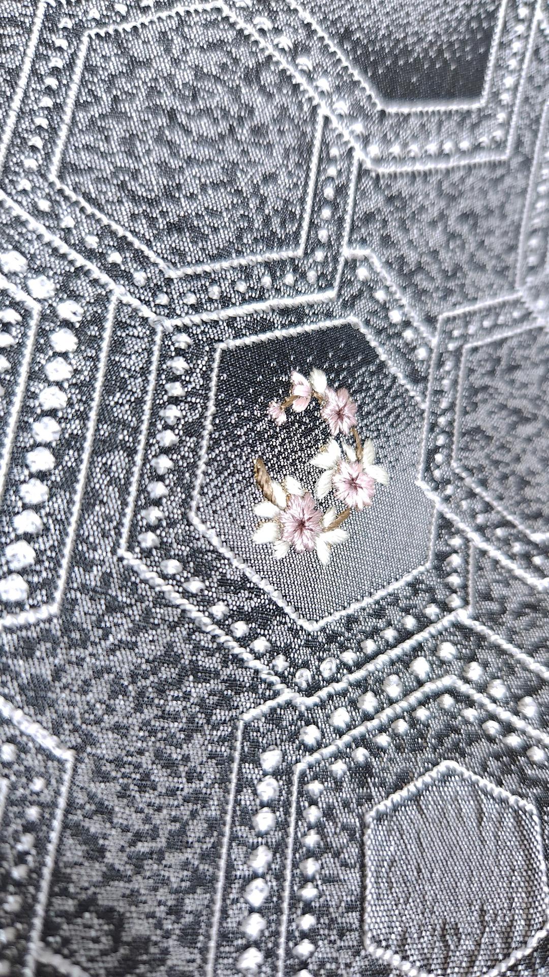 Black grey Komon Kimono kikkō pattern and embroidery