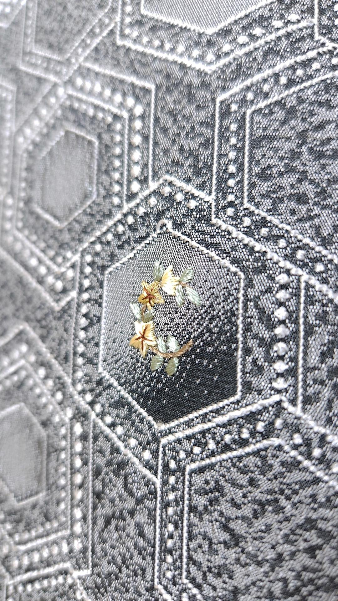 Black grey Komon Kimono kikkō pattern and embroidery