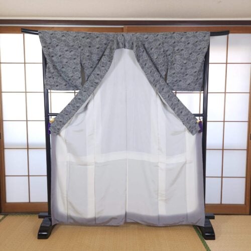 Black grey Komon Kimono kikkō pattern and embroidery