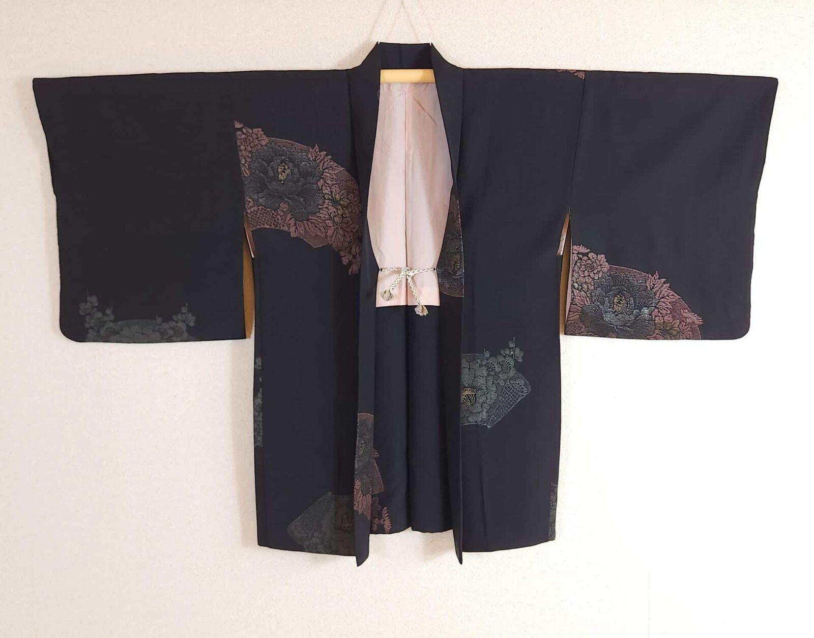 Black haori with peonies in fan motifs