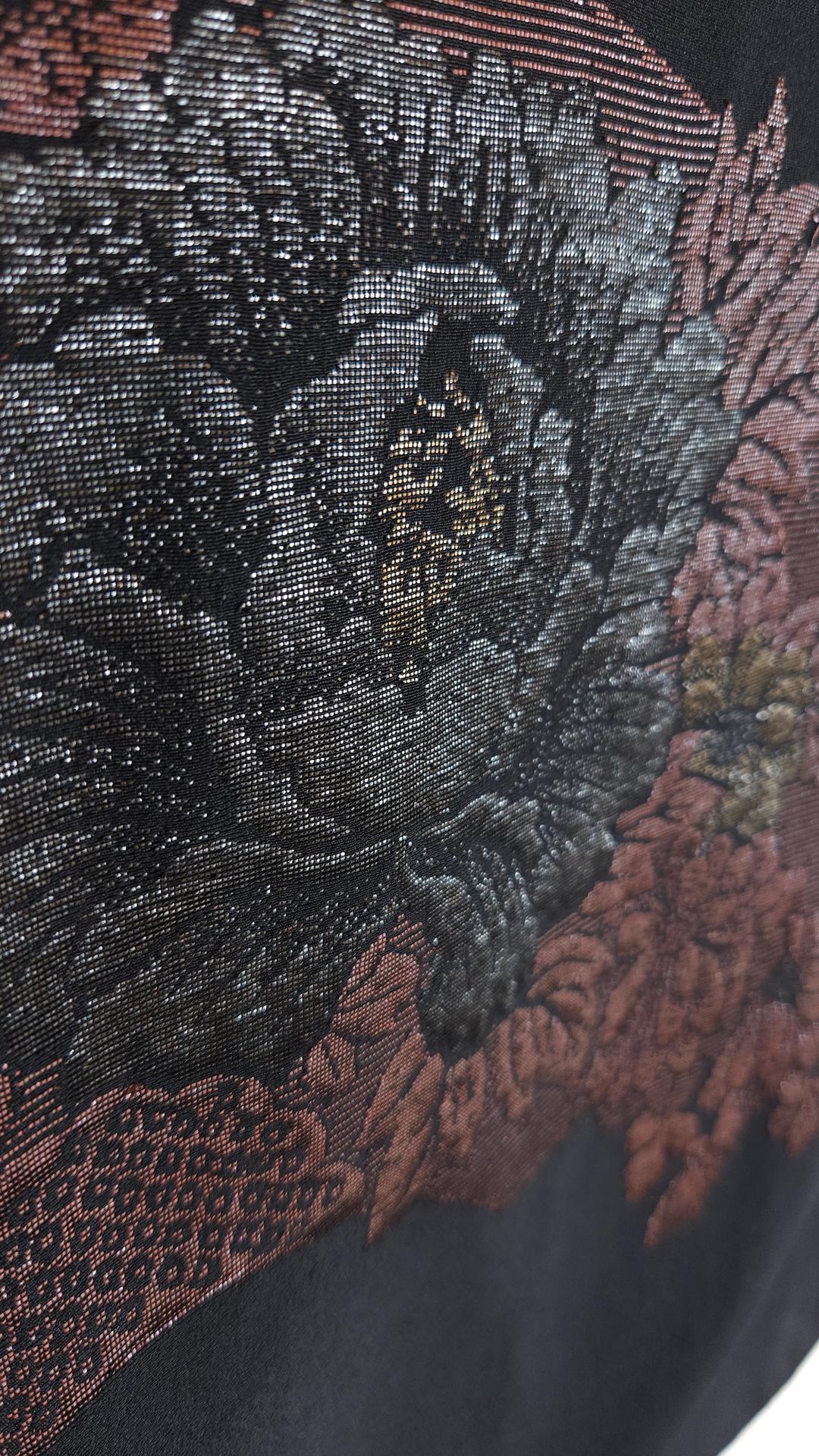 Black haori with peonies in fan motifs