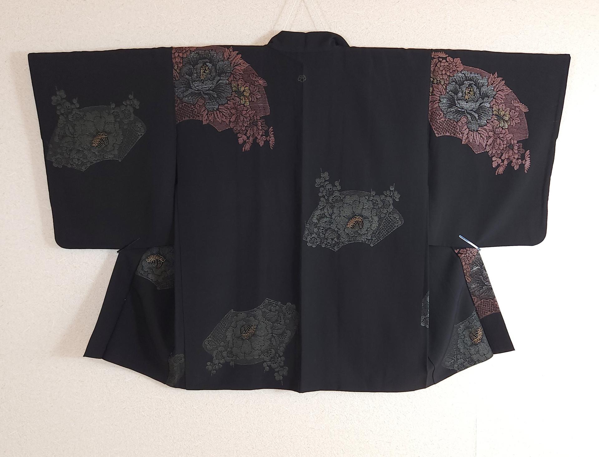 Black haori with peonies in fan motifs