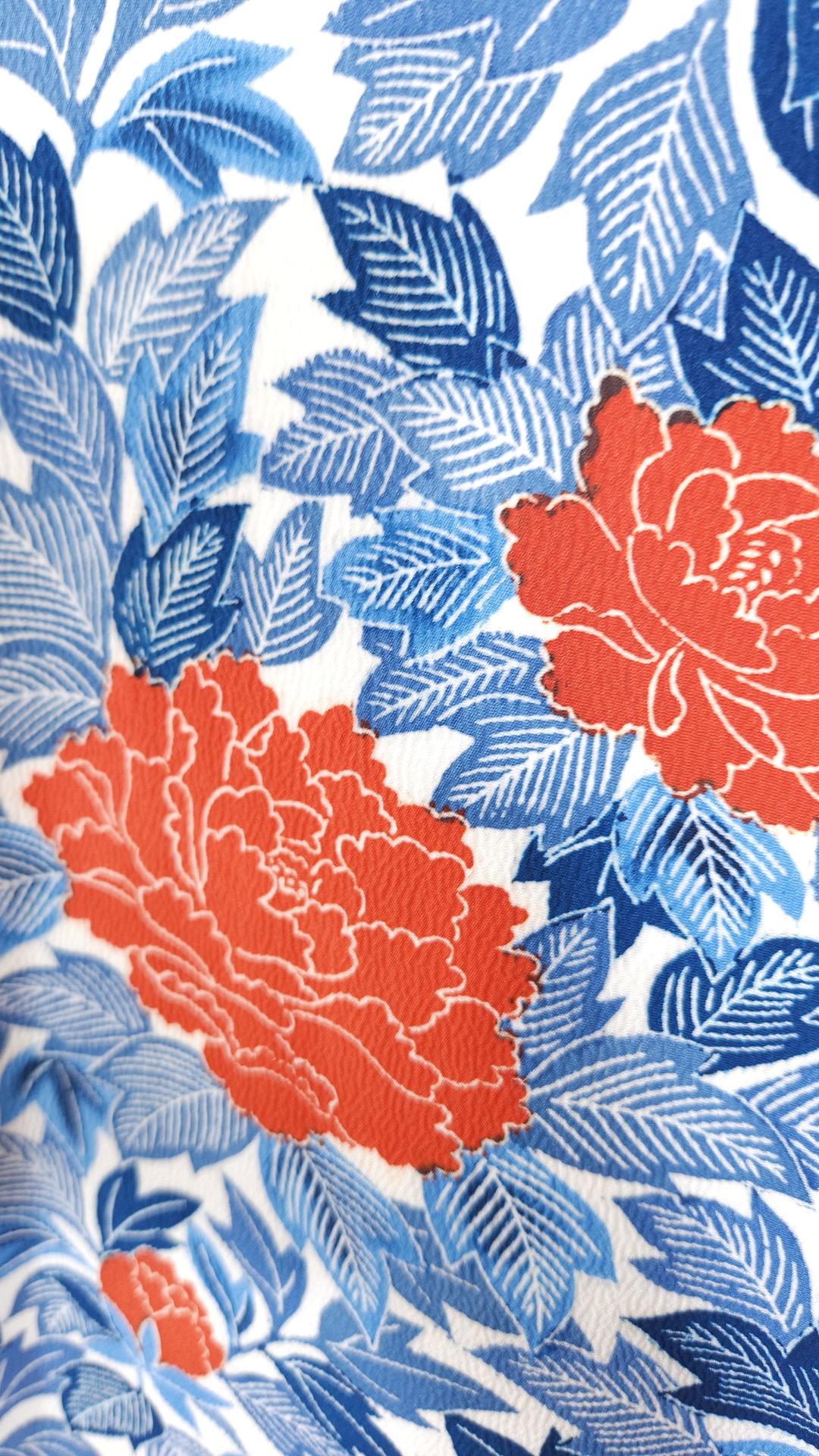 Chirimen Komon Kimono with coral red flowers