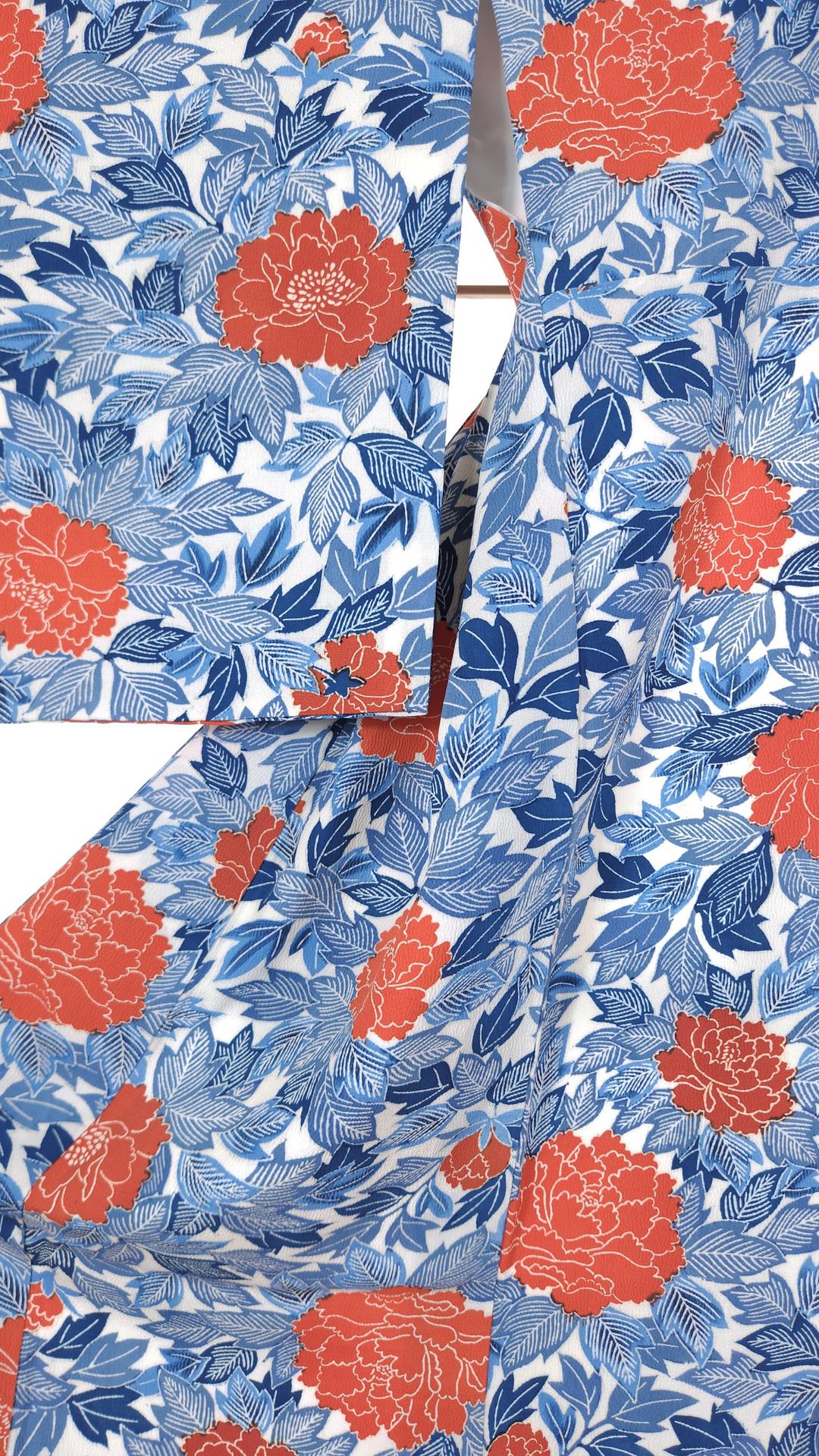 Chirimen Komon Kimono with coral red flowers