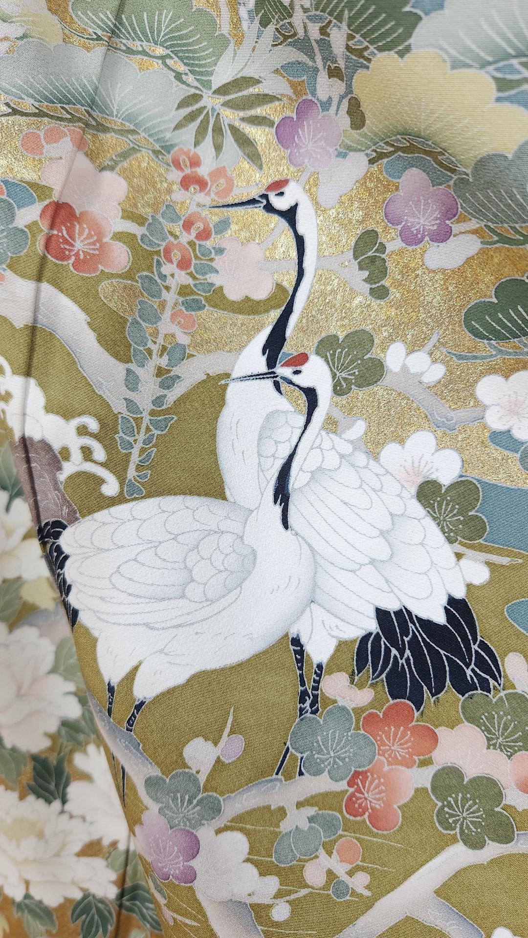 Grayish blue Tomesode with cranes and golden flowers