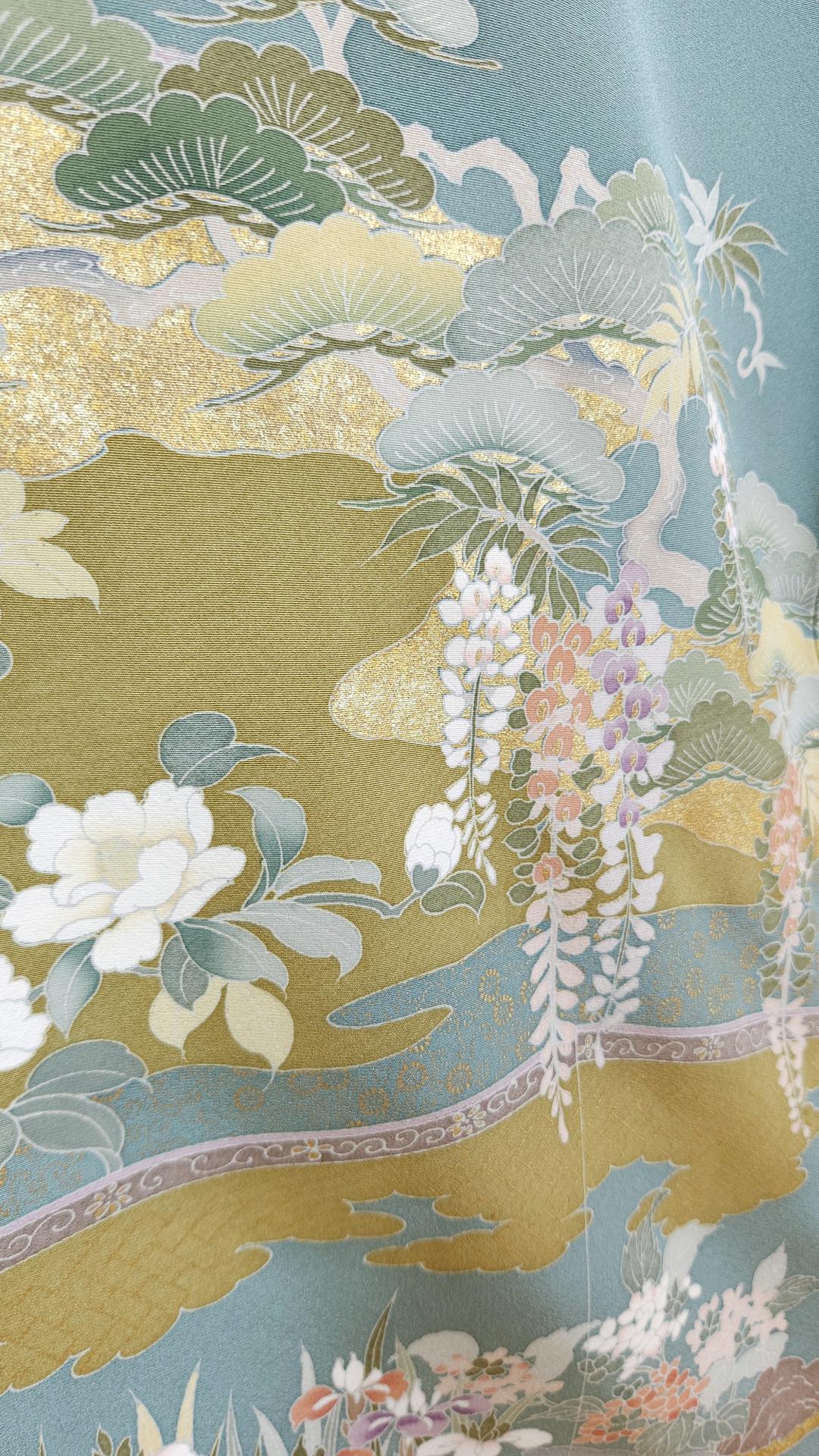 Grayish blue Tomesode with cranes and golden flowers