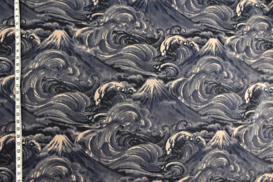 Japanese fabric Mt. Fuji and navy blue waves